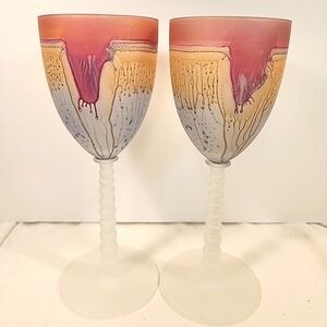 Vintage Pair of Rueven Art Nouveau 8 1/4” Tall Wine Glasses x 2 Stemmed READ